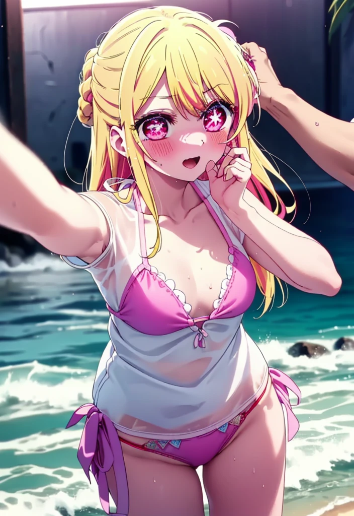 rubyhoshino, Ruby Hoshino, Long Hair, bangs, blonde, (Pink Eyes:1.3), (Symbol-shaped pupil:1.5), Multicolored Hair, smile,blush,Open your mouth,Two-tone hair, Bikini Swimwear,barefoot,Water Play,Wet Hair,Wet Skin,Wet swimsuit,True Summer,Clear skies during the day,
break outdoors, Beach,construction area,
break looking at viewer, whole body, (Cowboy Shot:1. 5)
break (masterpiece:1.2), highest qualそれy, High resolution, unそれy 8k wallpaper, (shape:0.8), (Beautiful attention to detail:1.6), Highly detailed face, Perfect lighting, Highly detailed CG, (Perfect hands, Perfect Anatomy),