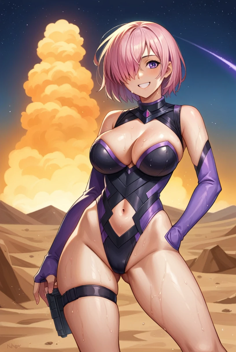 nsfw,score_9, score_8_superior, score_7_superior, sauce_Anime BREAK 1 Girl, alone, View your viewers, Detailed Background,  Mash Kyrielight, Pink Hair, Hair on one eye, Super big breasts, leotard, The chest is exposed,The navel is exposed, Thigh straps, Elbow hand pockets,  Cleavage, smile, (Outdoor, night, Dust, desert),  From behind, Dynamic pose,Wet with sweat all over the body