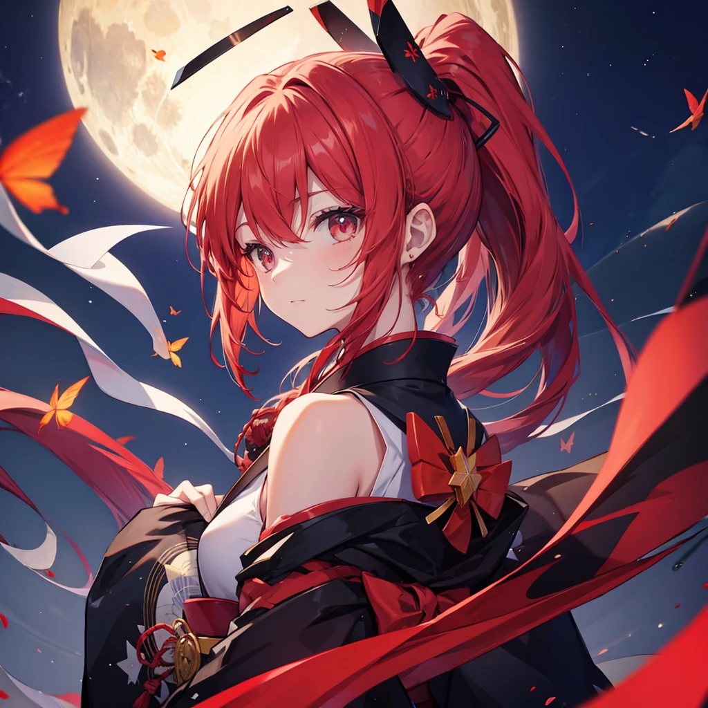 ((((Shuriken、throw　1 person))))　(((Redhead、ponytail　Long Hair、Black kimono　red band　Goddess of victory)))　((Red butterfly　night　Japanese style　shoulder　old))　(moon　star　autumn)　Shining Edges　Shining Background