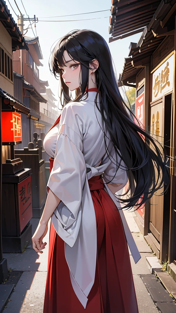 (perfect anatomy:1.2)(absurdres, highres, ultra detailed),masterpiece,best quality,high resolution,8k,Realistic face,Realistic skin texture,magnified textures, stunning clarity,detailed anime girl,(ultra detailed eyes and face),,black long hair,pale skin,Japanese shrine maiden, mysterious eyes,shrine maiden clothes,(white kimono),(The red long hakama),thin body type,big breasts,,(expressionless:1.2),Steampunk in the Edo Period、(Vivid hieroglyph signs and street advertisements:1.2)、silence、autumn、hieroglyph,souk、Ancient Egyptian statues、Shopping Street,,look at viewer,(from behind:1.6),Delicate atmosphere、,cowboy shot,arms down、Looking at the viewer
