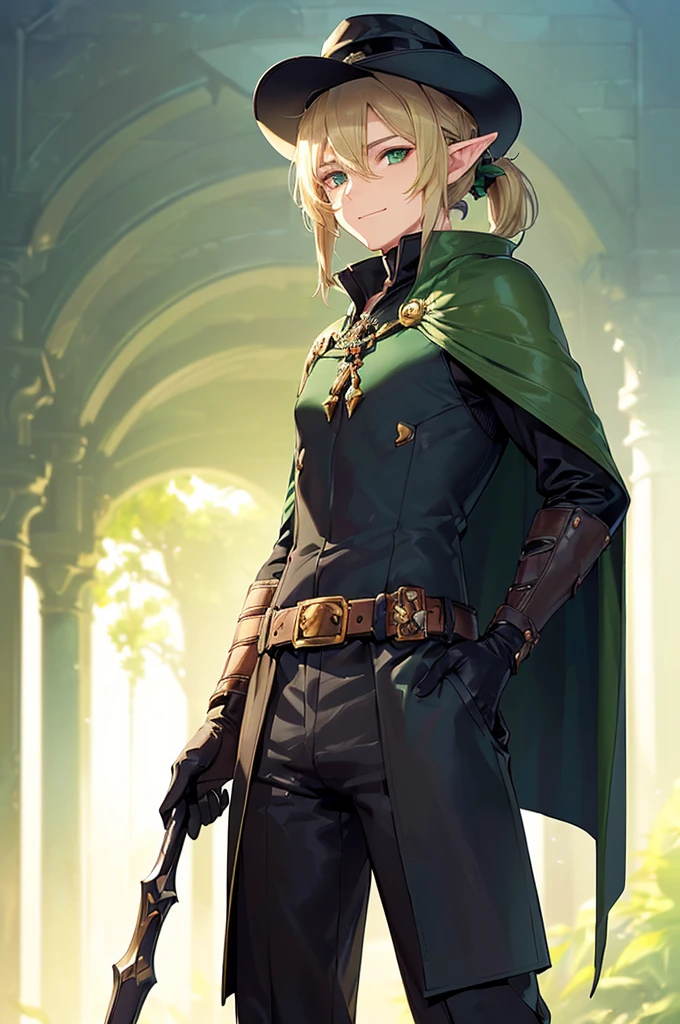 (((masterpiece; best quality: 1.2))), (finely detailed eyes: 1.3), (25 year old elf man), (solo), (green eyes: 1.4), (body; toned, fit, masculine: 1.3), (silky blonde hair in low ponytail: 1.3), (beautiful and clear background: 1.2), ((depth of field)), (equipment: adventurer garb + modest + elegant wide-brim hat + dark coat + light-colored tunic + dark long cape + black pants + gloves + belt + pouches: 1.3), (anime illustration: 1.2), (background composition; royal garden: 1.1), (extremely fine and handsome: 1.1), (shot composition; standing + centered on torso + close-up: 1.5), (expression; calm, smile: 1.2)