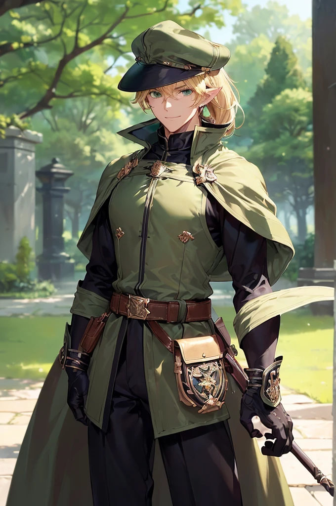 (((masterpiece; best quality: 1.2))), (finely detailed eyes: 1.3), (25 year old elf man), (solo), (green eyes: 1.4), (body; toned, fit, masculine: 1.3), (silky blonde hair in low ponytail: 1.3), (beautiful and clear background: 1.2), ((depth of field)), (equipment: adventurer garb + modest + elegant slim wide-brim hat + dark coat + dark tunic + dark long cape + black pants + gloves + belt + pouches: 1.3), (anime illustration: 1.2), (background composition; royal garden: 1.1), (extremely fine and handsome: 1.1), (shot composition; standing + centered on torso + close-up: 1.5), (expression; calm, smile: 1.2)