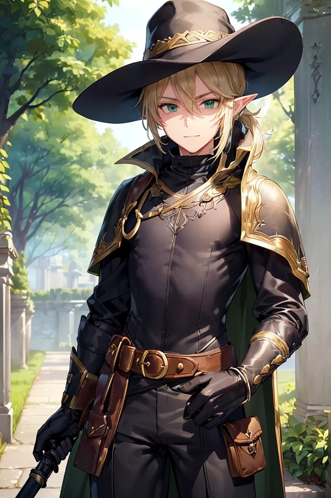 (((masterpiece; best quality: 1.2))), (finely detailed eyes: 1.3), (25 year old elf man), (solo), (green eyes: 1.4), (body; toned, fit, masculine: 1.3), (silky blonde hair in low ponytail: 1.3), (beautiful and clear background: 1.2), ((depth of field)), (equipment: adventurer garb + modest + elegant wide-brim hat + dark tunic + dark long cape + black pants + gloves + belt + pouches: 1.3), (anime illustration: 1.2), (background composition; royal garden: 1.1), (extremely fine and handsome: 1.1), (shot composition; standing + centered on torso + close-up: 1.5), (expression; calm, smile: 1.2)