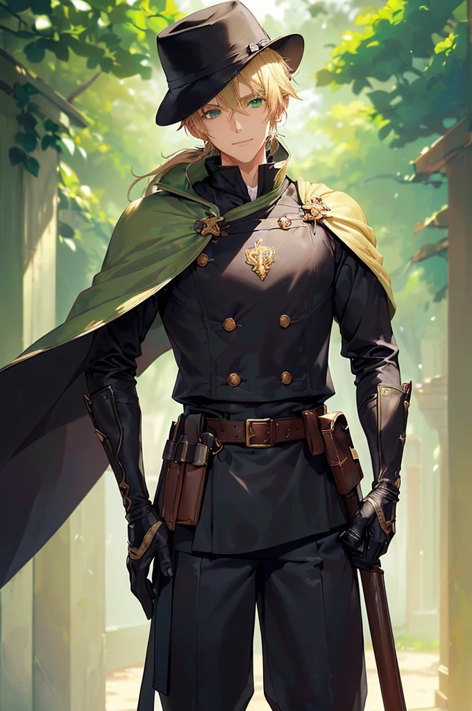 (((masterpiece; best quality: 1.2))), (finely detailed eyes: 1.3), (25 year old elf man), (solo), (green eyes: 1.4), (body; toned, fit, masculine: 1.3), (silky blonde hair in low ponytail: 1.3), (beautiful and clear background: 1.2), ((depth of field)), (equipment: adventurer garb + modest + elegant slim wide-brim hat + dark coat + dark tunic + dark long cape + black pants + gloves + belt + pouches: 1.3), (anime illustration: 1.2), (background composition; royal garden: 1.1), (extremely fine and handsome: 1.1), (shot composition; standing + centered on torso + close-up: 1.5), (expression; calm, smile: 1.2)