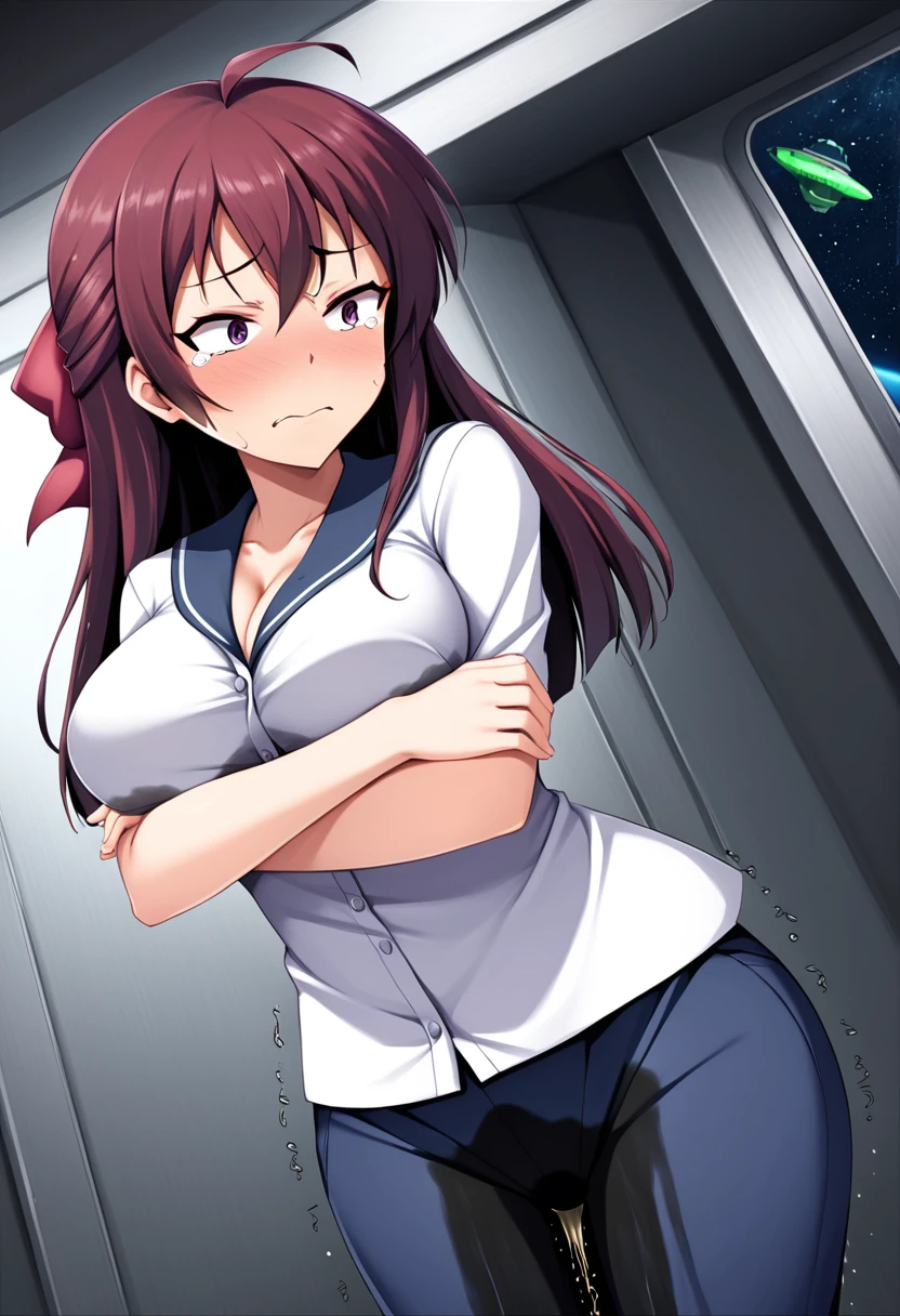 (high quality,Very detailed:1.37, High resolution), 1girl, Woman, (solo:1.5), (mature:2.0), (Sakaki Yumiko:2.0), Grisaia, very long hair, dark purple hair, purple eyes, large breasts, military uniform, pants, (wetting herself:1.5), standing, (arms crossed:1.5), (embarrassed:1.5), (humiliation:1.5), (constricted pupils:1.5), (sweating:1.5), shaking, (trembling:1.5), (blushing:1.5), Meticulous details, (extremely detailed eys:1.37), space station, interior, science fiction, futuristic