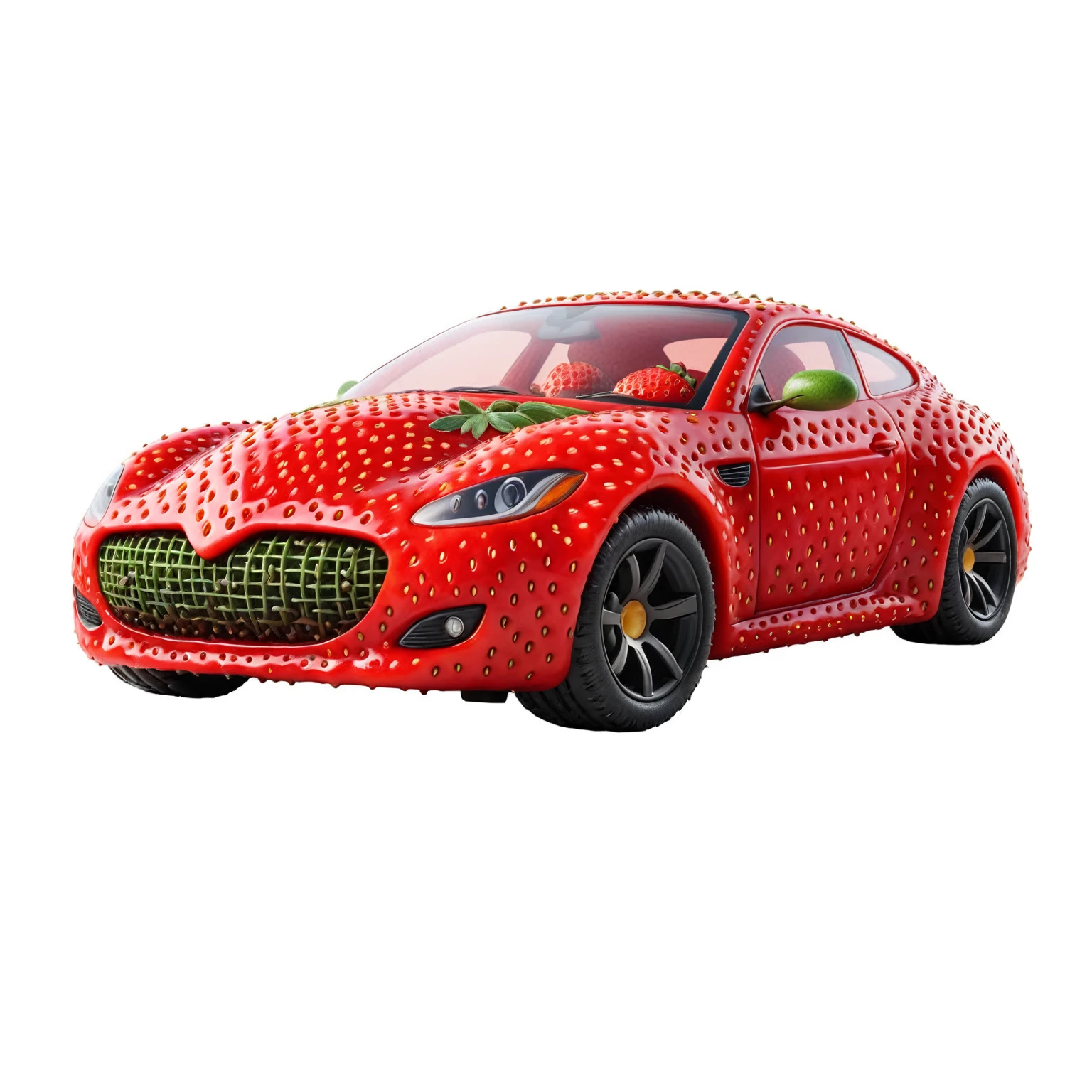 strawberry shaped like a car , textured strawberry red skin, solo, very detailed, 4k, masterpiece, morph, subject, 8k, high quality, The surface of the strawberry is dotted with numerous small seeds and has a bright red color, which is typical for ripe strawberries, White Background,strwbrrxl, ral-strawberryjam