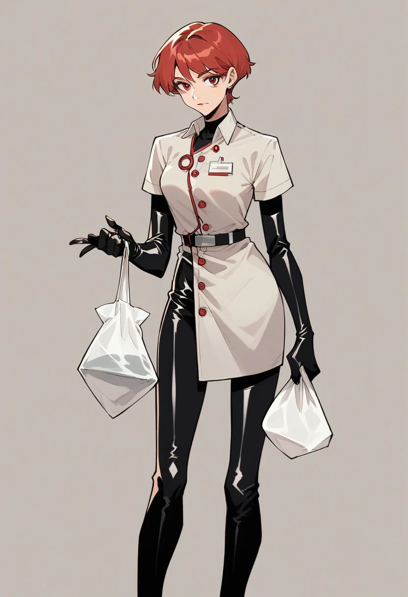 One girl, ((black elbow gloves)), ((surgical bag)), ((Latex gloves)), ((Long sleeve)), ((Red surgeon costume)), ((Red doctor costume)), View your viewers, Are standing, alone