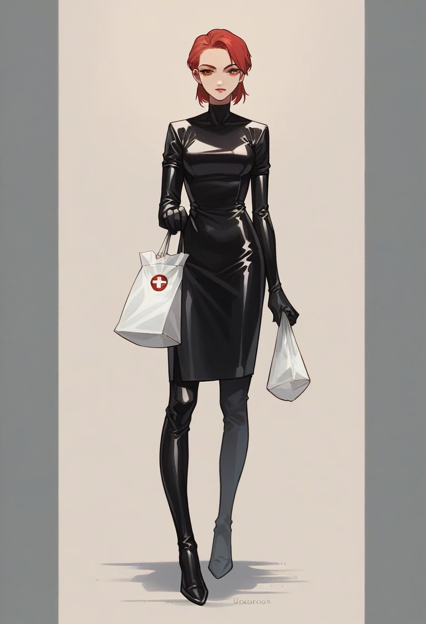 One girl, ((black elbow gloves)), ((surgical bag)), ((Latex gloves)), ((Long sleeve)), ((Red surgeon costume)), ((Red doctor costume)), View your viewers, Are standing, alone