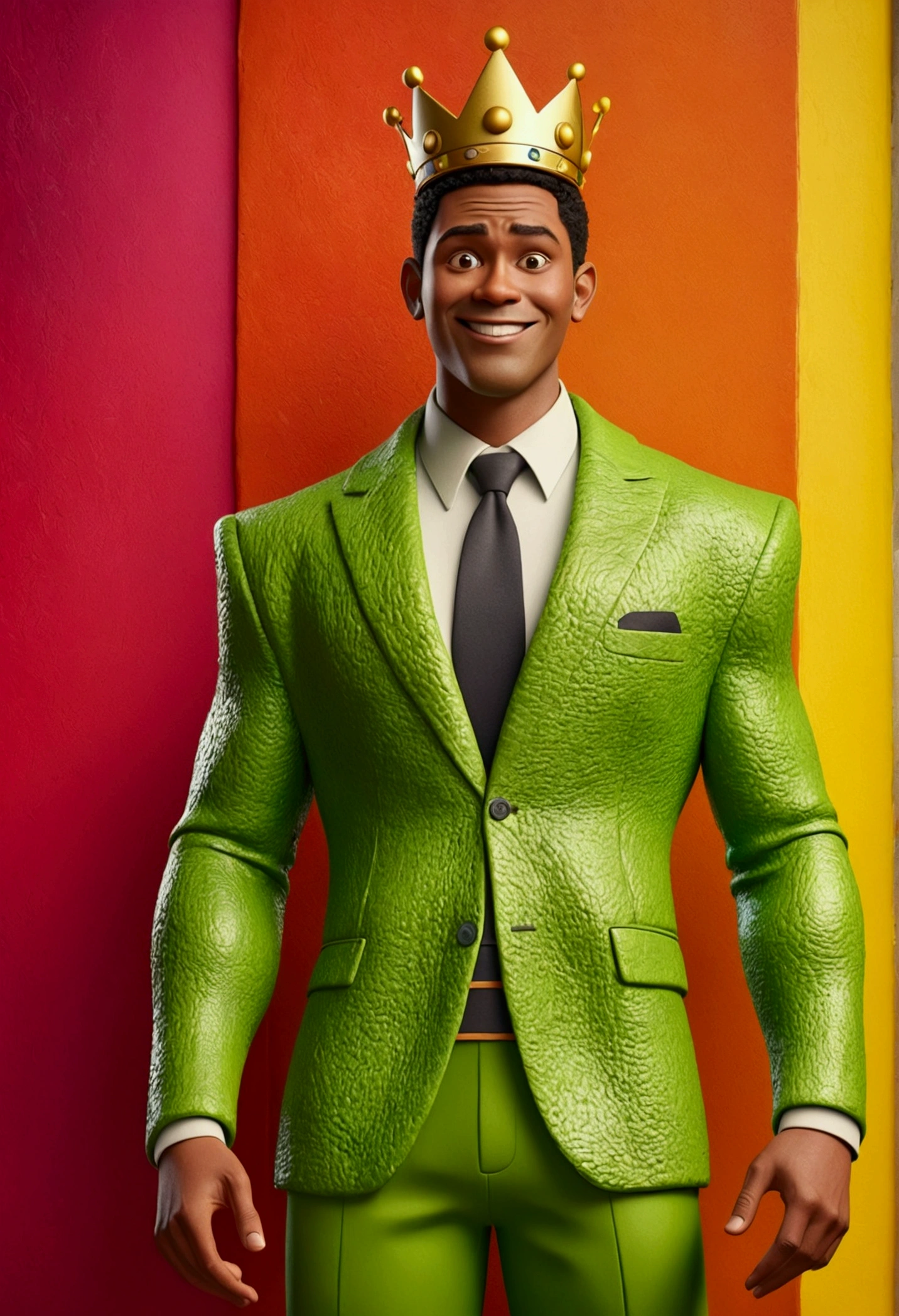 Movie character funny lies, disney pixar style 3d, tall, strong young man with avocado green skin , wearing a king&#39;s outfit in avocado green, with a proud face ;  8K quality vibrant colorful background