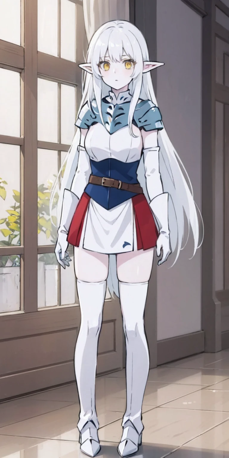 masterpiece, best quality, high quality, white SKIN elf, long hair, white hair, yellow eyes, full body, def_effie, blue breastplate, white skin, looking at viewer, shiny, armor, thigh highs, high boots, shoulder armor, faulds, poleyn, gloves, gauntlets