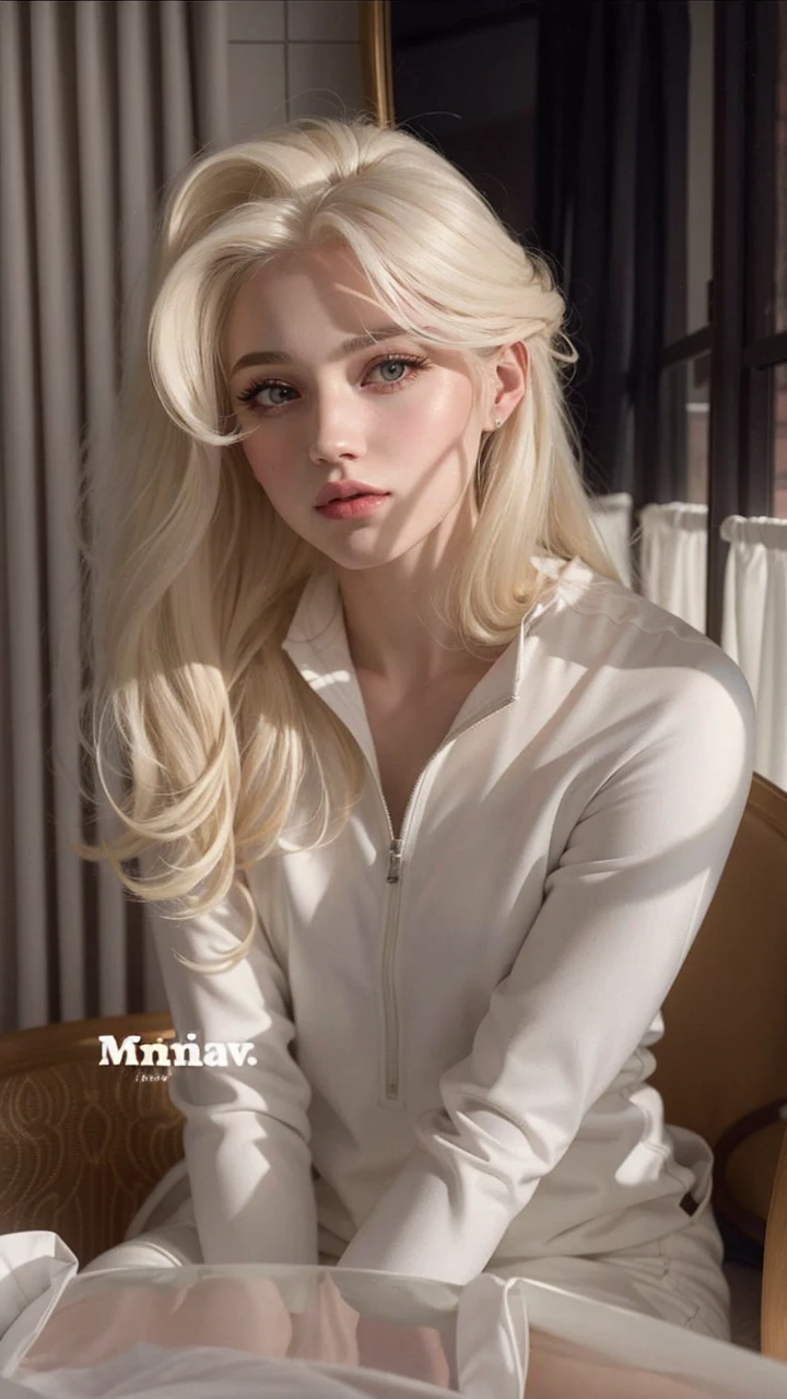 blonde woman with long hair in front of a mirror, her hair is white, perfect white haired girl, with long white hair, with white long hair, girl silver hair, pale hair, ava max, girl with white hair, extremely pale blond hair, very very pale blond hair, portrait of kim petras,  silver hair, with long blonde hair
