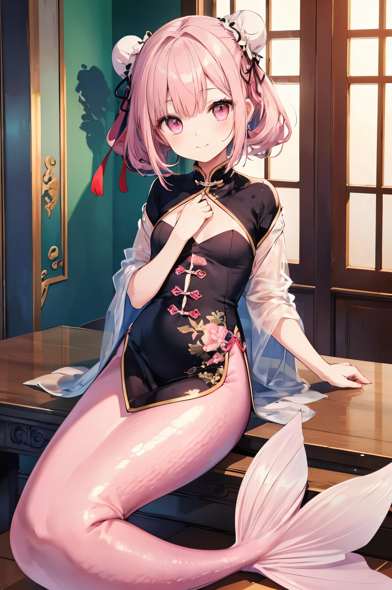 Pink Hair、Pink Eyes、girl、Small breasts、Hair Bun、girl、Small breasts、Lolita、Bright smile、Looks about 、Petan Musume、short、目のhighlight、Sexy thighs、Wearing china clothes、Your eyes are so beautiful、highlight、mermaid