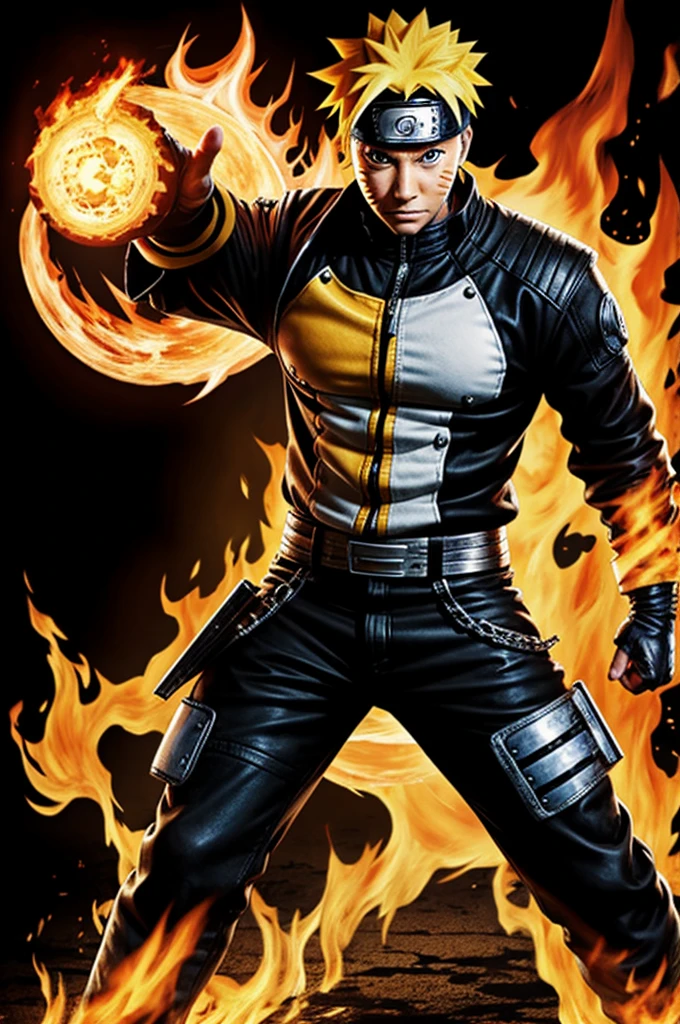 Imagine Naruto fused with Johnny Blaze and Ghost Rider's outfit, but with the style of Ezio Auditore. He wears a black leather jacket with blue flames emanating from his arms and shoulders., similar to Ghost Rider's costume. Naruto's blonde hair is hidden under a white hood that falls over his face.. He wears a black band around his head, with a metal engraving in the center that has an Omega symbol in bright red letters. This band hides your eyes, adding a touch of mystery and revenge.