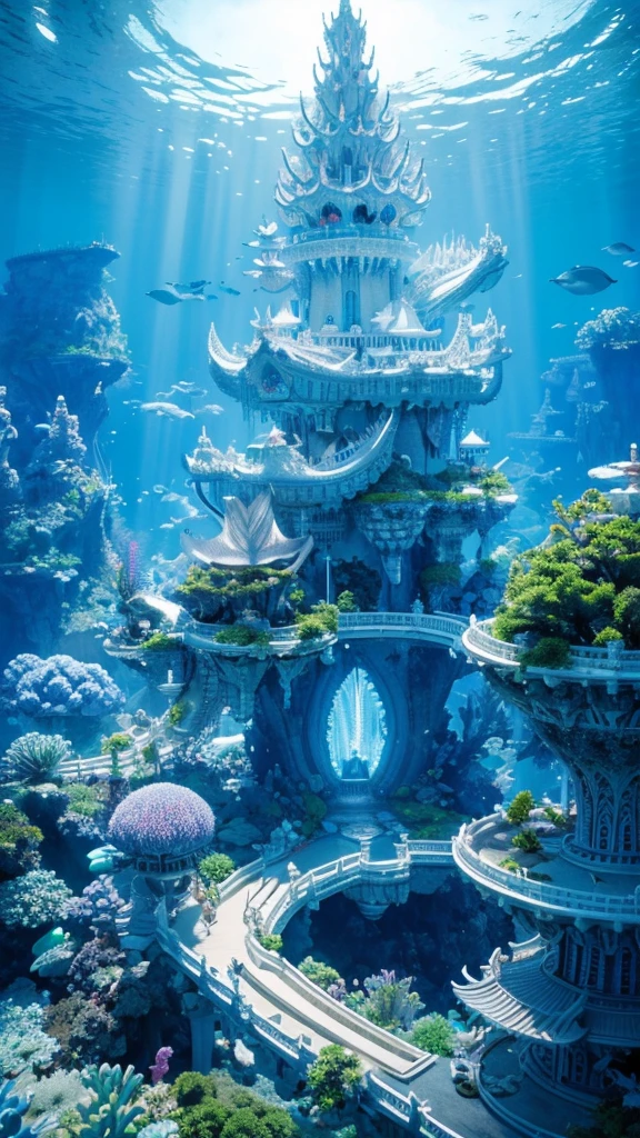 Undersea Palace, Fluorescent colorful plants, White coral, blueglow, Distant view,fantasy,intricately details,8K,Ultra HD,--no people,There is a white dragon flying,The entire structure of the building is clearly displayed,ディープブルー