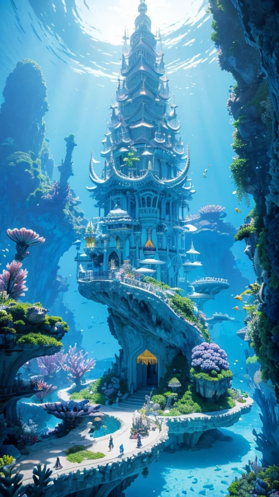 Undersea Palace, Fluorescent colorful plants, White coral, blueglow, Distant view,fantasy,intricately details,8K,Ultra HD,--no people,There is a white dragon flying，The entire structure of the building is clearly displayed,ディープブルー