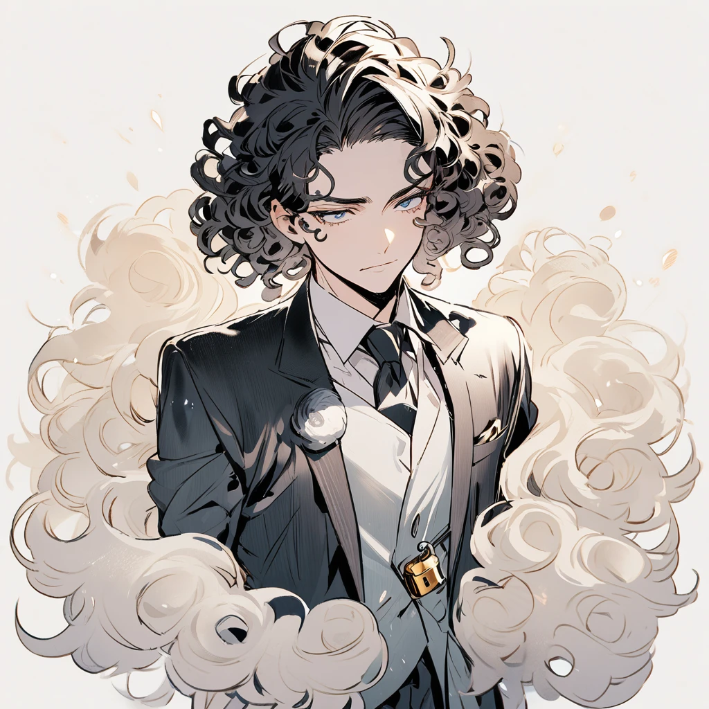 Man in suit with curly hair parted elegantly like a lock