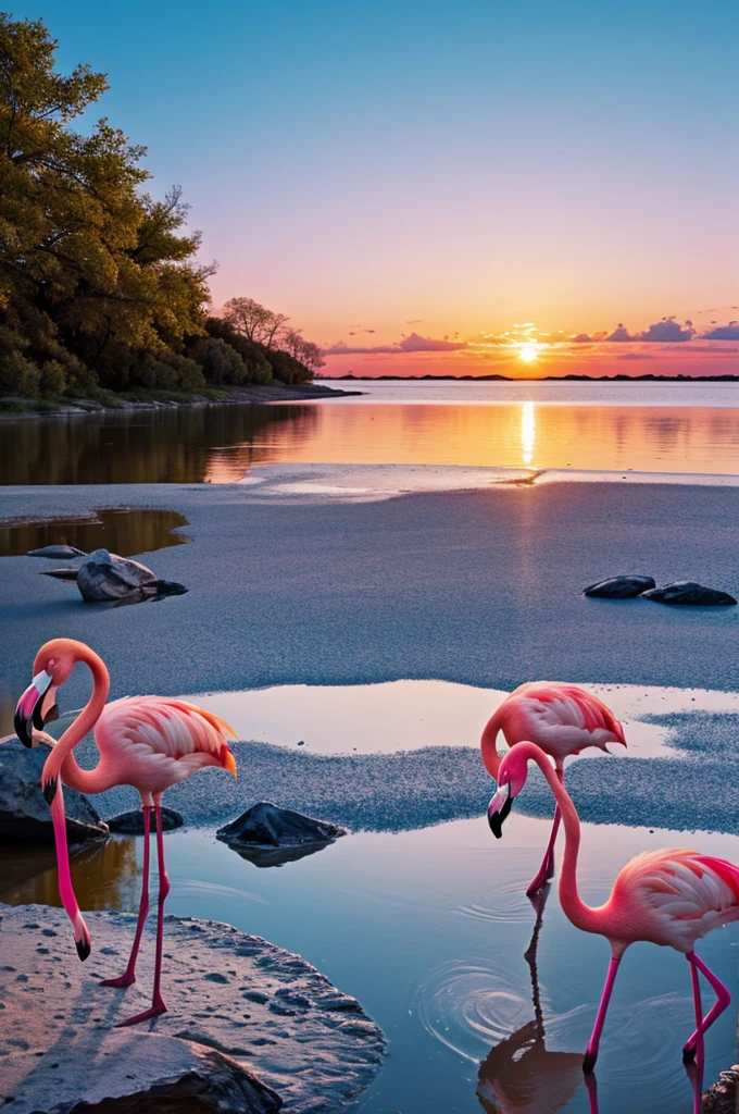 Create an animated landscape with a flamingo