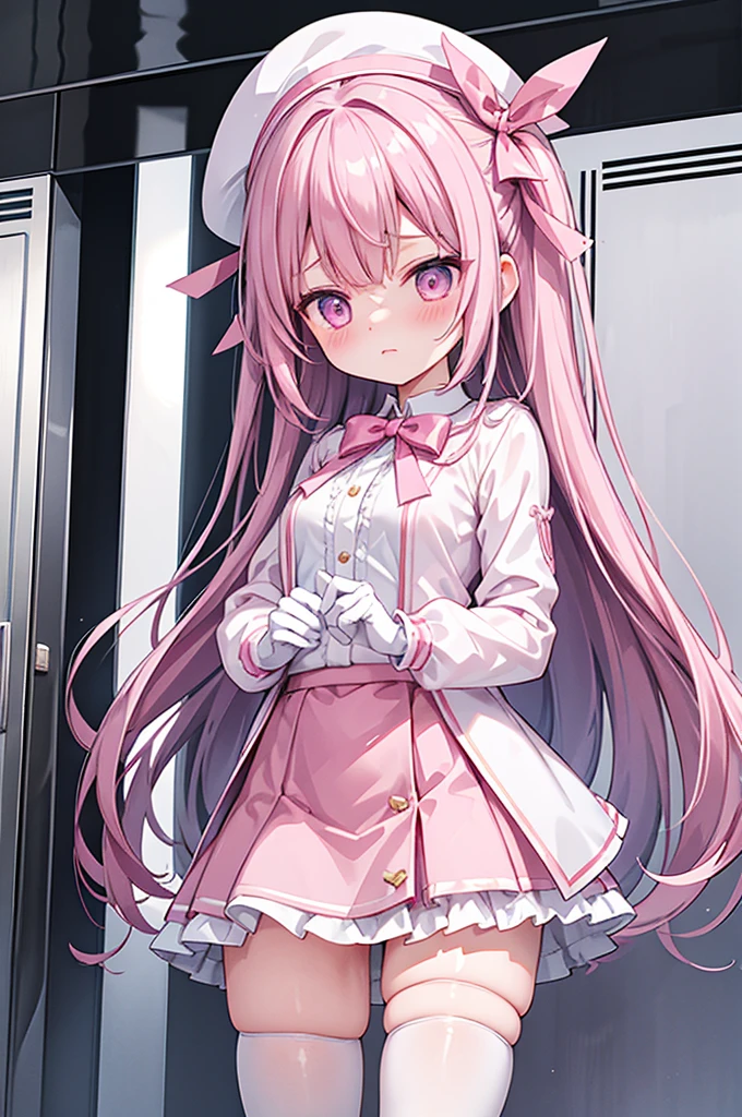 Highest quality、Elevator Girl、A short pink jacket made of shiny silk、White blouse with ribbon、See-through、Short tight skirt、Hard fabric with little elasticity、A small round hat with a ribbon、Skinny、White gloves、White over-the-knee socks、Flushed Cheeks、Embarrassed look、Big Breasts、hold the skirt with both hands