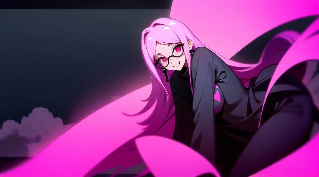 Smiling girl with long pink hair and black prescription glasses pink eyes black outfit cyberpunk scenery