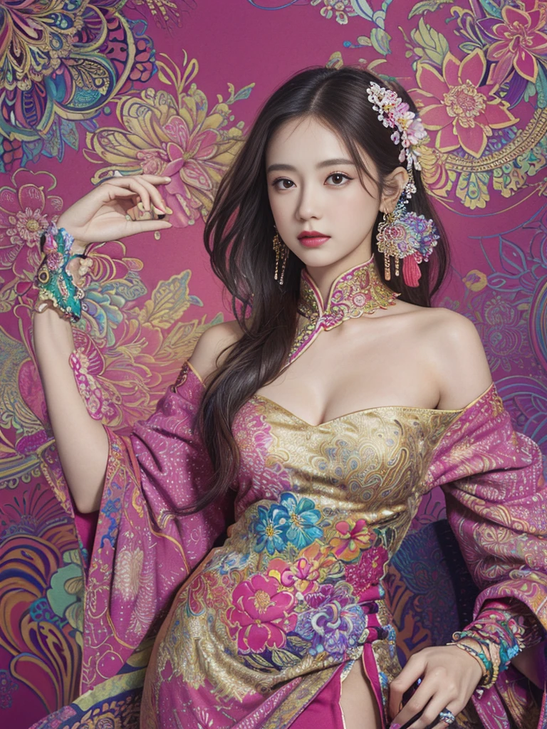 (masterpiece, top quality, best quality, official art, beautiful and aesthetic:1.2), (1girl:1.3), extremely detailed,(fractal art:1.1),(colorful:1.1)(flowers:1.3),highest detailed,(zentangle:1.2), (dynamic pose), (abstract background:1.3), (chinese dress:1.2), (shiny skin), (many colors:1.4), ,(earrings:1.4),