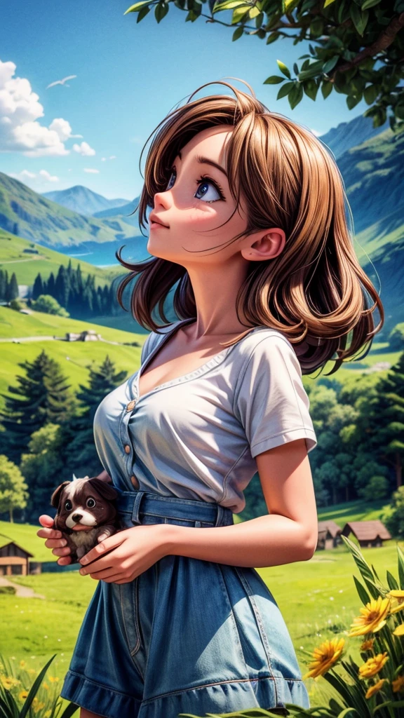 A cute puppy flying over a beautiful rural landscape, a young girl looking up at it, detailed facial features, beautiful eyes, cute expression, rolling hills, lush greenery, warm sunlight, vibrant colors, cinematic composition, photorealistic, 8k, highres, masterpiece, ultra-detailed, realistic, magical, whimsical, dramatic lighting, natural environment, peaceful, serene, heartwarming