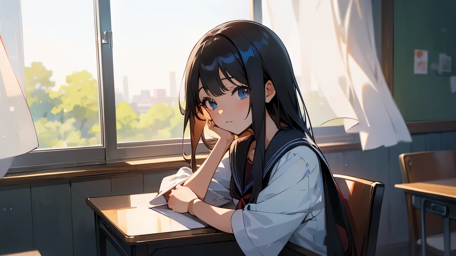 An anime girl in the center front, sitting at a desk holding a pen and looking towards the camera, Beautiful anime school girl, Anime Style 4k, Anime Moe Art Style, Cute girl anime visuals, Young Anime Girl, Anime style portrait, Realistic anime art style, Anime-style illustrations, Anime Girl Portrait,Behind the girl is a large window that is wide open.、Outside the window, the evening night view spreads out.,The curtains are loose and shaking