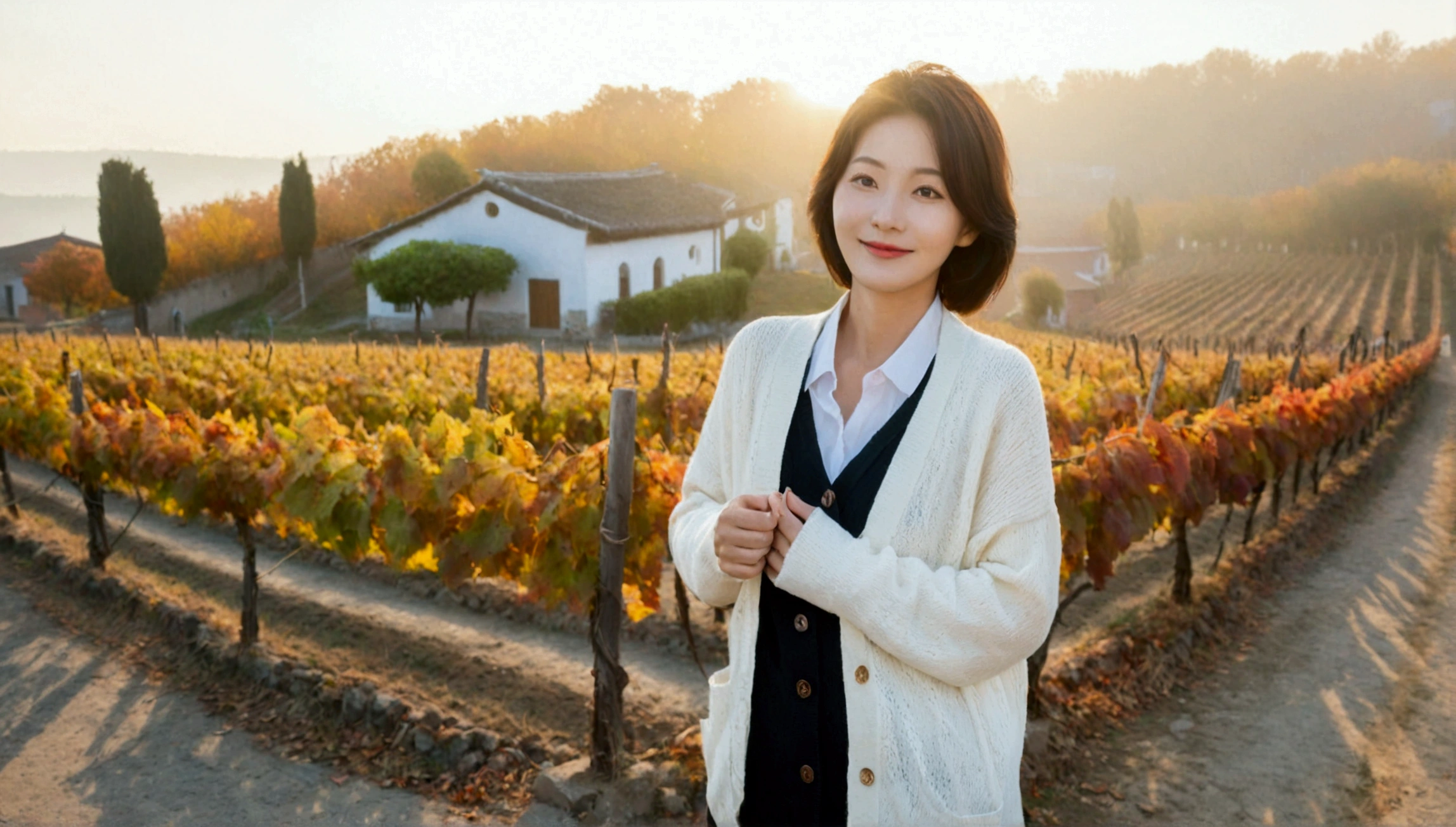 8k, 36 year old Korean woman, pretty like a model, Short hair, White shirt and short cardigan, autumn, Dawn fog, path, vineyard, monastery, italian countryside village, Vivid picture quality, Realistic perfect picture quality, dawn fog, Wide angle lens shot from afar, Vivid picture quality, Delicate and perfect picture quality, Smiley