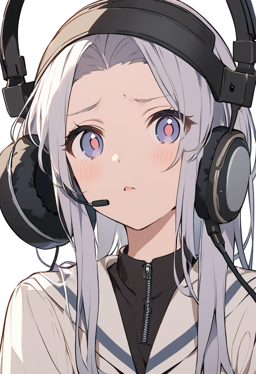 A man putting headphones on a woman while she makes an ahegao face.