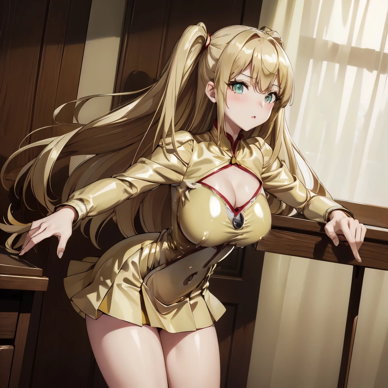 (((gold delmo uniform, yellow dress, extremely glossy latex)))