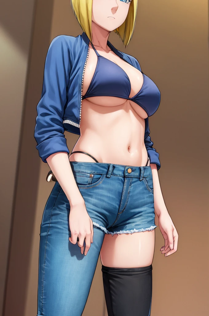 Blonde girl, Short hair, blue eyes, wearing tight denim shorts Open zipper , with a mocking stressed face, full and shiny breasts, wearing a bikini