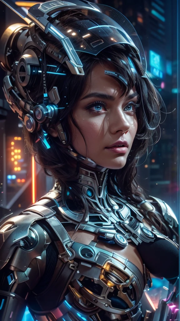 unreal engine:1.4,UHD,The best quality:1.4, fotorrealist:1.4, skin texture:1.4, masterpiece:1.8,A mechanical girl of the future,shiny metal,Brilliant robotic movements,ethereal,futuristic tech,Advanced artificial intelligence,Cityscape illuminated with neon lights,Metal exoskeleton,highly detailed facial features,bright LED eyes,Meticulously crafted faux leather,Extravagant futuristic fashion,floating above the ground,Exploring the urban landscape,futuristic tech,Exquisite craftsmanship,Metal limbs with intricate designs,Seamless integration of humans and machines,surrealist,Otherworldly atmosphere,Utopian cityscape in the backdrop,Advanced weaponry integrated into its body,emitting a soft and vibrant glow,Expressive and captivating look,Superhuman strength and agility,Adopt a posture of confidence and power,High-resolution portrait with vibrant colors and intricate details,Awesome,Stunning works of art. (The best quality,4k,8k,High Resolutions,masterpiece:1.2),ultra detailed,(realist,fotorrealist,fotorrealist:1.37),HdR,UHD,Studio lighting,Ultrafine paint,sharp focus,physically based representation,extreme detail description,professional,vivid colors,bokeh,Portraits,Conceptual artists