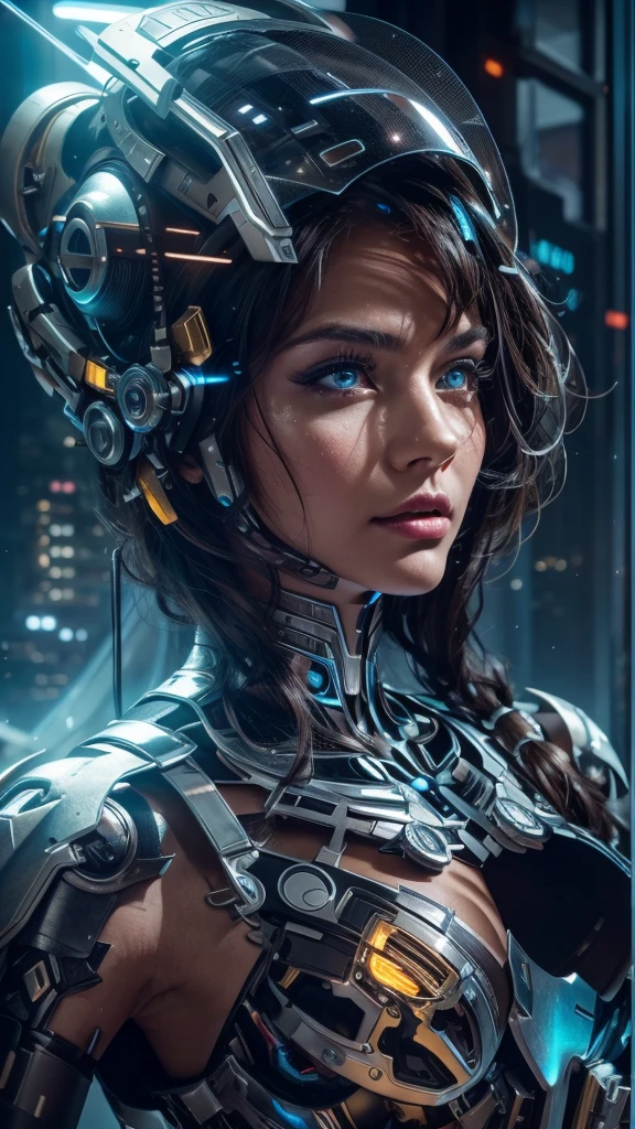 unreal engine:1.4,UHD,The best quality:1.4, fotorrealist:1.4, skin texture:1.4, masterpiece:1.8,A mechanical girl of the future,shiny metal,Brilliant robotic movements,ethereal,futuristic tech,Advanced artificial intelligence,Cityscape illuminated with neon lights,Metal exoskeleton,highly detailed facial features,bright LED eyes,Meticulously crafted faux leather,Extravagant futuristic fashion,floating above the ground,Exploring the urban landscape,futuristic tech,Exquisite craftsmanship,Metal limbs with intricate designs,Seamless integration of humans and machines,surrealist,Otherworldly atmosphere,Utopian cityscape in the backdrop,Advanced weaponry integrated into its body,emitting a soft and vibrant glow,Expressive and captivating look,Superhuman strength and agility,Adopt a posture of confidence and power,High-resolution portrait with vibrant colors and intricate details,Awesome,Stunning works of art. (The best quality,4k,8k,High Resolutions,masterpiece:1.2),ultra detailed,(realist,fotorrealist,fotorrealist:1.37),HdR,UHD,Studio lighting,Ultrafine paint,sharp focus,physically based representation,extreme detail description,professional,vivid colors,bokeh,Portraits,Conceptual artists
