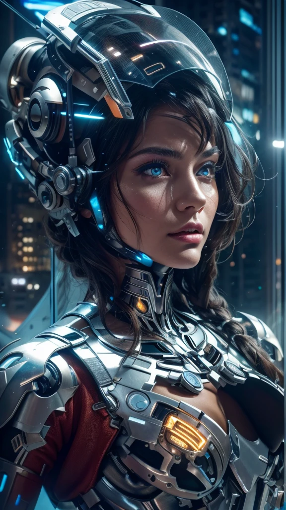unreal engine:1.4,UHD,The best quality:1.4, fotorrealist:1.4, skin texture:1.4, masterpiece:1.8,A mechanical girl of the future,shiny metal,Brilliant robotic movements,ethereal,futuristic tech,Advanced artificial intelligence,Cityscape illuminated with neon lights,Metal exoskeleton,highly detailed facial features,bright LED eyes,Meticulously crafted faux leather,Extravagant futuristic fashion,floating above the ground,Exploring the urban landscape,futuristic tech,Exquisite craftsmanship,Metal limbs with intricate designs,Seamless integration of humans and machines,surrealist,Otherworldly atmosphere,Utopian cityscape in the backdrop,Advanced weaponry integrated into its body,emitting a soft and vibrant glow,Expressive and captivating look,Superhuman strength and agility,Adopt a posture of confidence and power,High-resolution portrait with vibrant colors and intricate details,Awesome,Stunning works of art. (The best quality,4k,8k,High Resolutions,masterpiece:1.2),ultra detailed,(realist,fotorrealist,fotorrealist:1.37),HdR,UHD,Studio lighting,Ultrafine paint,sharp focus,physically based representation,extreme detail description,professional,vivid colors,bokeh,Portraits,Conceptual artists