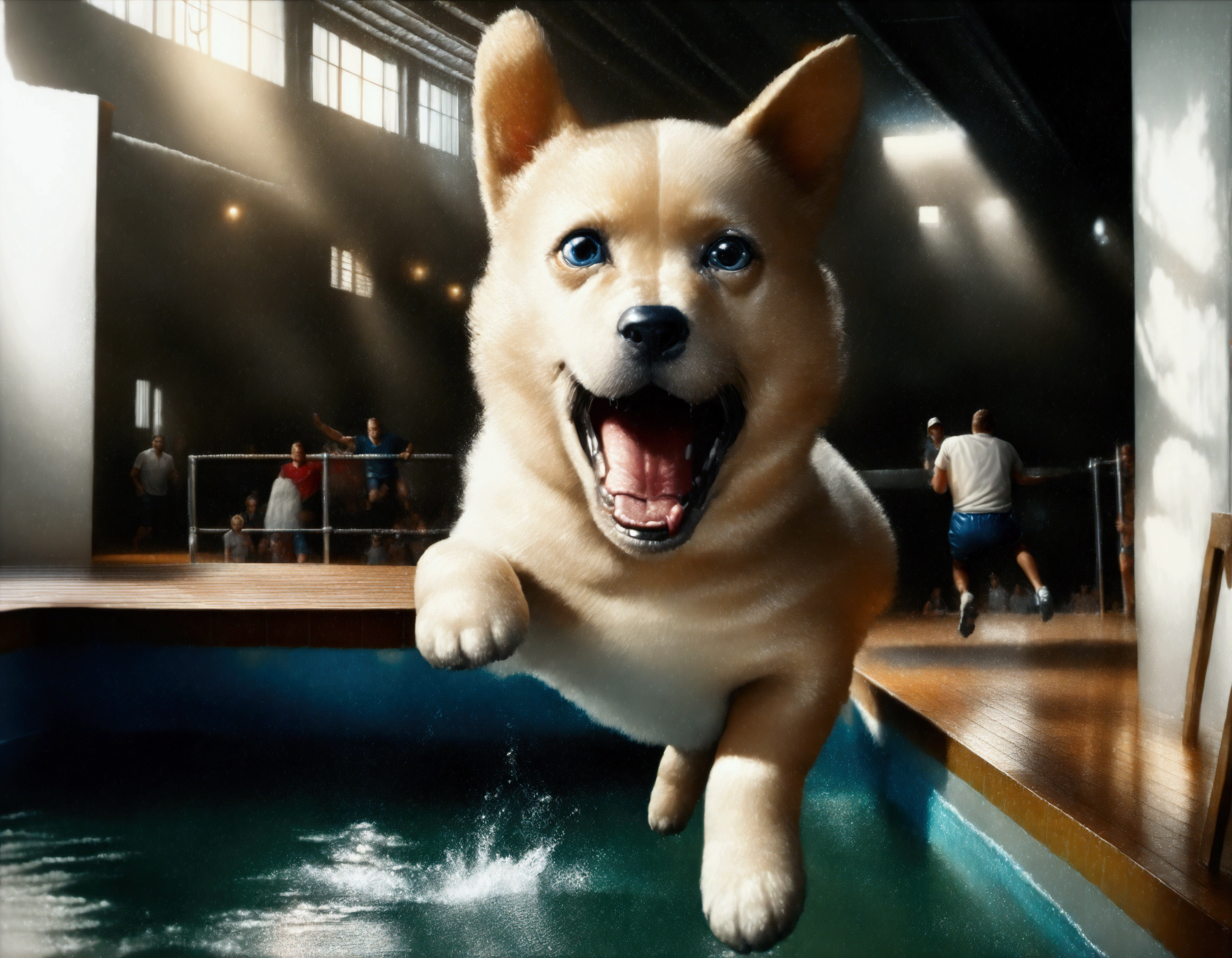 a puppy jumping off a high dive at a swimming pool, mid-air, high above the water, scared and excited expression, splashing water, sunny day, beautiful detailed eyes, cute and fluffy puppy, (best quality,4k,8k,highres,masterpiece:1.2),ultra-detailed,(realistic,photorealistic,photo-realistic:1.37),HDR,UHD,studio lighting,ultra-fine painting,sharp focus,physically-based rendering,extreme detail description,professional,vivid colors,bokeh,cute animal portrait