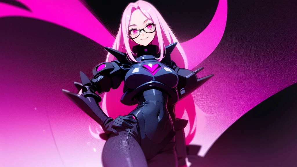 Smiling girl with long pink hair and black prescription glasses pink eyes black outfit cyberpunk scenery