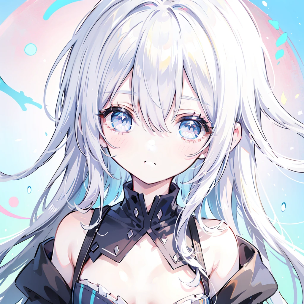 (((masterpiece))),(((best quality))),((Extremely detailed)),(illustration),(Dynamic Angle), ((floating)),(painting),((Messy hair)), (Solitary),(1 Girl), ((small_breast)), (((Delicate anima face))),((Beautiful and delicate face)),collar,Bare shoulders, White hair, ((Colorful hair)),((Striped hair)), Beautiful and delicate eyes,(Gradient eyes),(((Colored eyes))), (((Colored background))),(((High Saturation))),(((Surrounded by colorful colors))),(((Colored dots around))),Colorful bubbles,((shining))