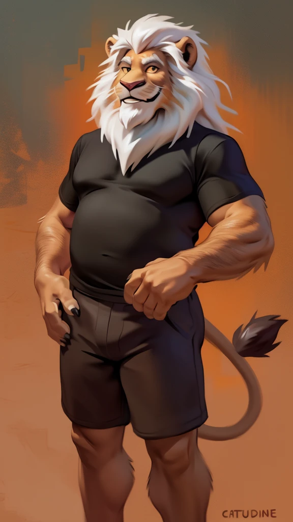 by chunie by catsudon by retros, male,ridiculuous,((mature,mature male)),((Bearded,mustache)), felid, solo, ((Lion,tail)),(white hair), facial hair, facing viewer, ((Highly detailed face)), (((Grandpa Figure))), ((smilling)), red and orange abstract background, ((black shirt)),((short pants)), smile, ((((wise)))),((DILF)),
