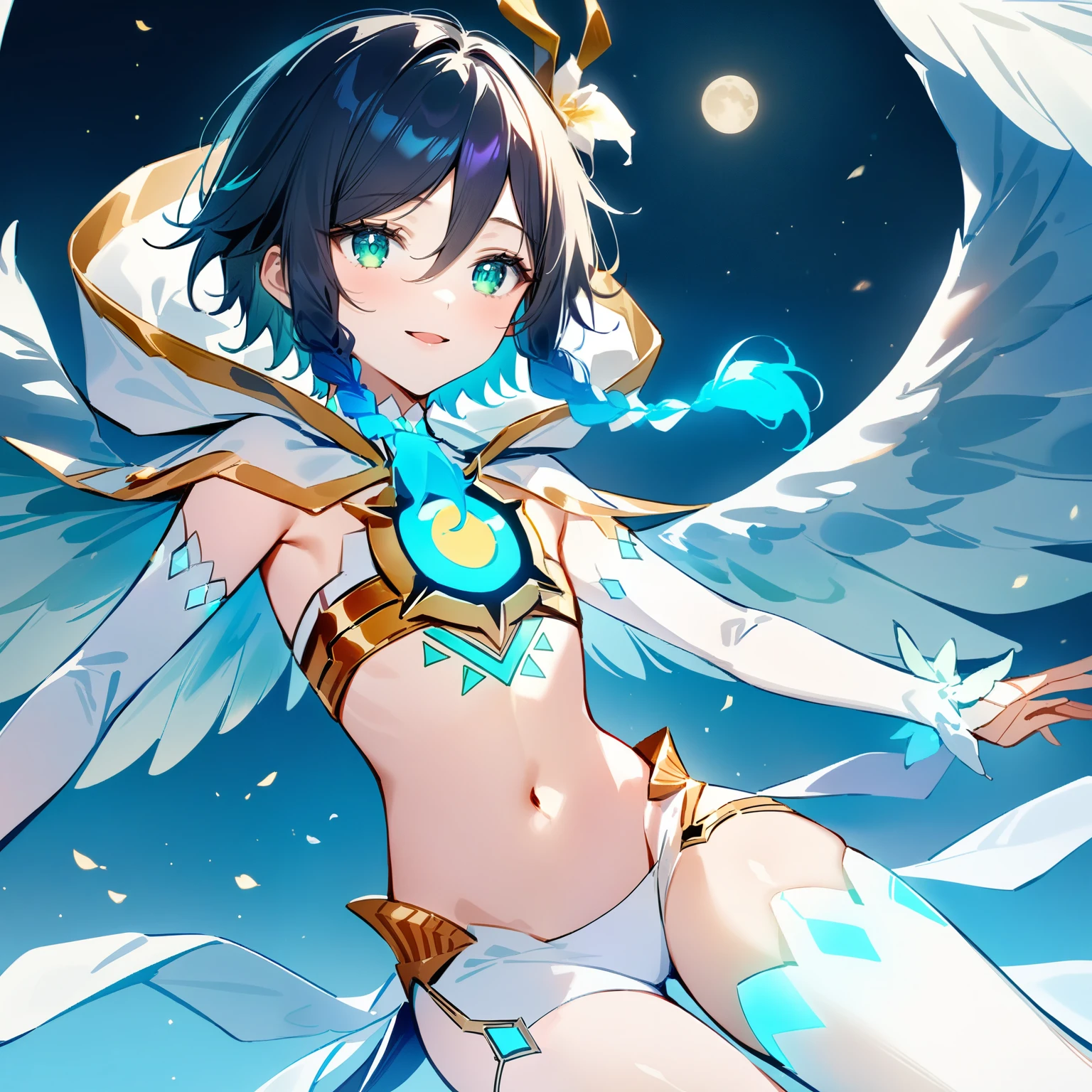 (masterpiece,best quality,4k,8k,absurdres:1.2),agahari,aoi nanase,((illustrated by carnelian)),sharp and clear, wide blue slit pupils, green eyes, perfect face, 1boy, flat chest,venti_\(archon\)_\(genshin_impact\),bare stomach,graceful,(face focus,detailed_eyes),gradient_hair,chest_tattoo,(thigh_tattoo left thigh),flirtatious,seductive,dsmile,large fluffy angel wings,otoko no ko, (white single_thighhigh right thigh),slim,slender,realistic:.35,flying,night sky,full moon,divine