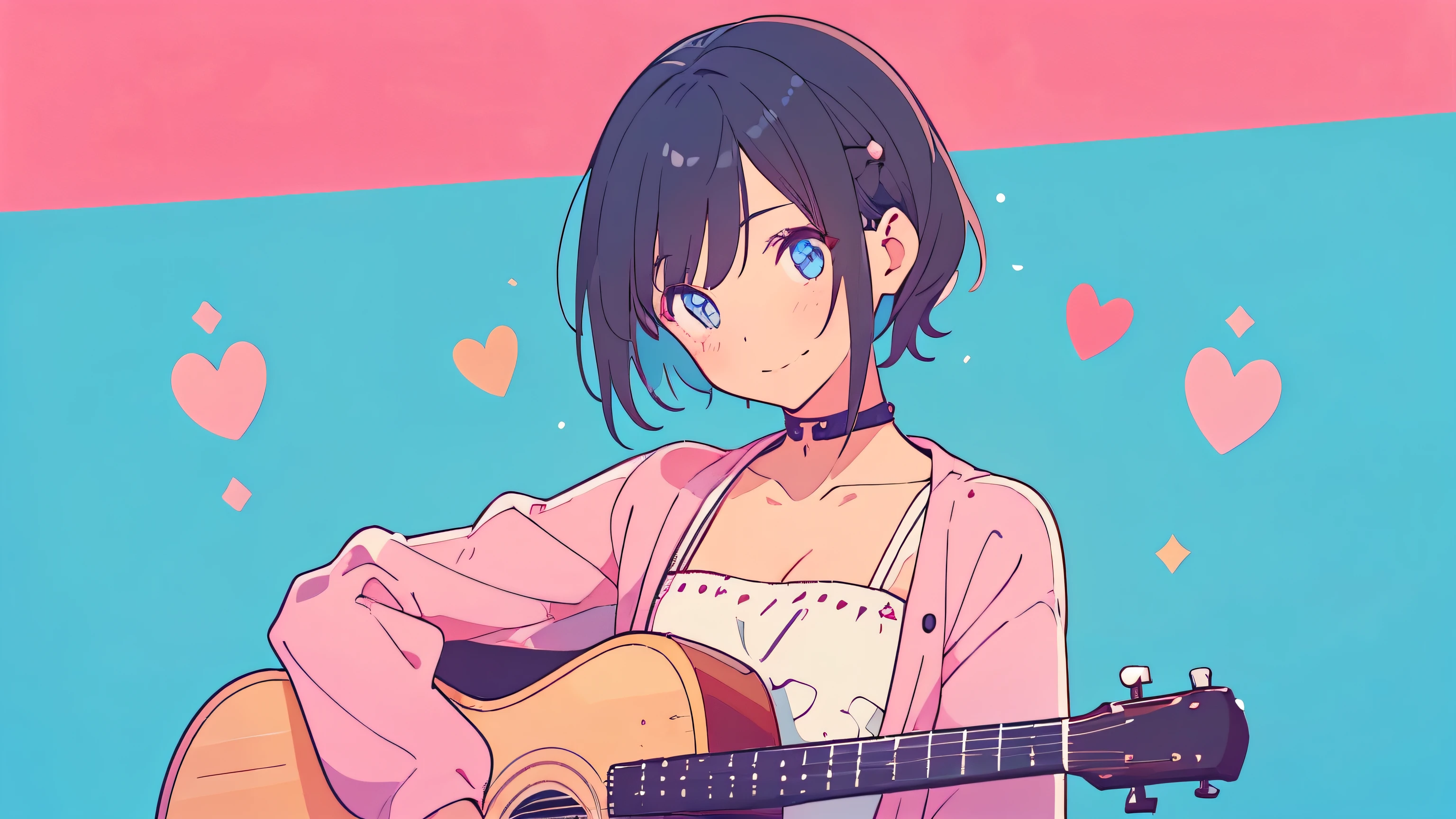beautiful 1girl, solo, gentle smile on her face flat chest, short hair, black hair, blue eyes, 30-year-old female、Black Hair、Slanted Eyes、Look diagonally forward、Long sleeve、Acoustic guitar