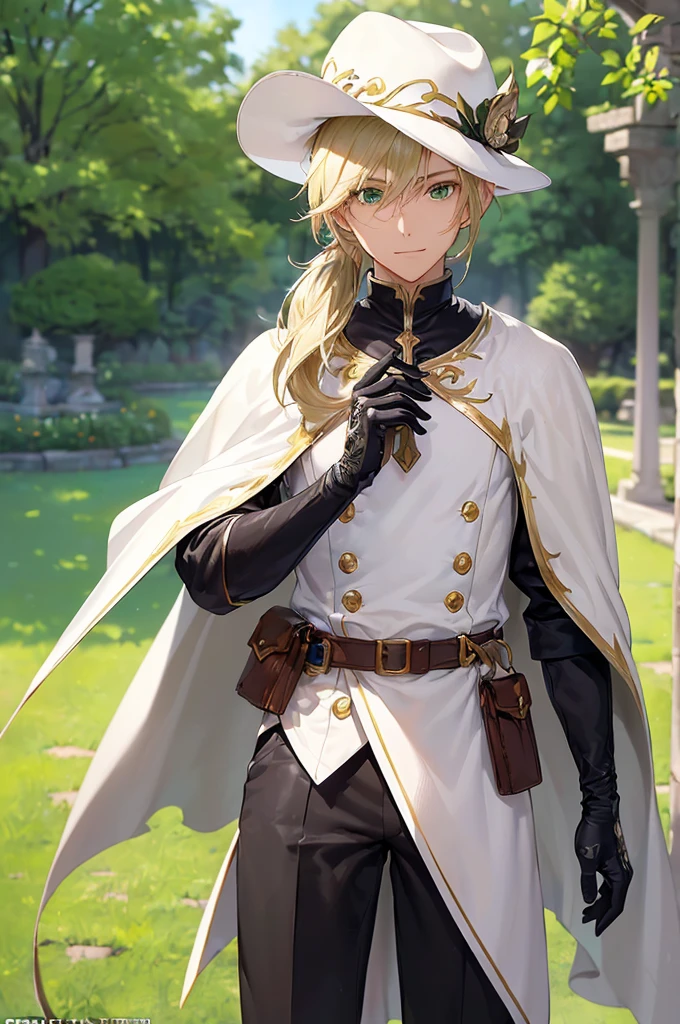 (((masterpiece; best quality: 1.2))), (finely detailed eyes: 1.3), (25 year old elf man), (solo), (green eyes: 1.4), (body; toned, fit, masculine: 1.3), (silky blonde hair in low ponytail: 1.3), (beautiful and clear background: 1.2), ((depth of field)), (equipment: adventurer garb + modest + elegant slim wide-brim hat + dark coat + white tunic + dark long cape + black pants + gloves + belt + pouches: 1.3), (anime illustration: 1.2), (background composition; royal garden: 1.1), (extremely fine and handsome: 1.1), (shot composition; standing + centered on torso + close-up: 1.5), (expression; calm, smile: 1.2)