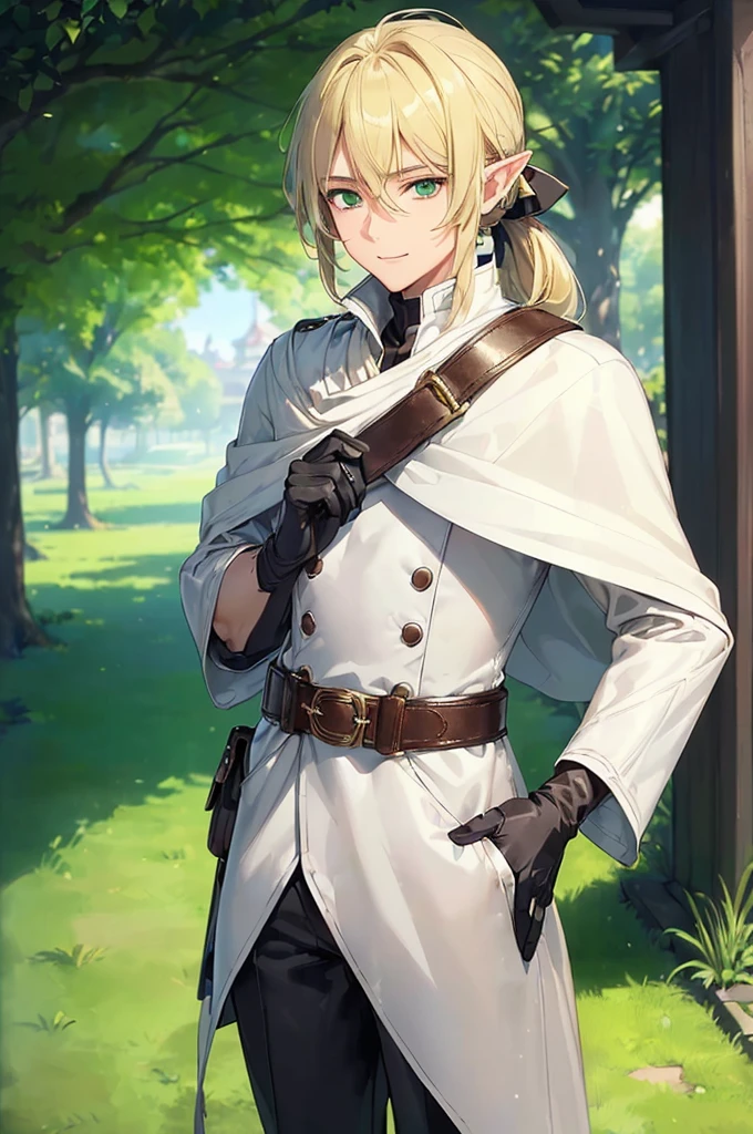 (((masterpiece; best quality: 1.2))), (finely detailed eyes: 1.3), (25 year old elf man), (solo), (green eyes: 1.4), (body; toned, fit, masculine: 1.3), (silky blonde hair in low ponytail: 1.3), (beautiful and clear background: 1.2), ((depth of field)), (equipment: adventurer garb + modest + elegant slim wide-brim hat + dark coat + white tunic + dark long cape + black pants + gloves + belt + pouches: 1.3), (anime illustration: 1.2), (background composition; royal garden: 1.1), (extremely fine and handsome: 1.1), (shot composition; standing + centered on torso + close-up: 1.5), (expression; calm, smile: 1.2)