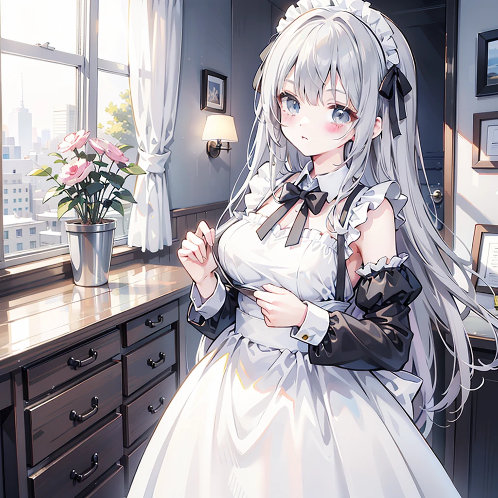 masterpiece, best quality, high resolution, absurd, 8K, 4K, Official Art,, , (flat_color:0.9),, , 1 Girl, Large target_breast, Maid, Gray hair, , ,