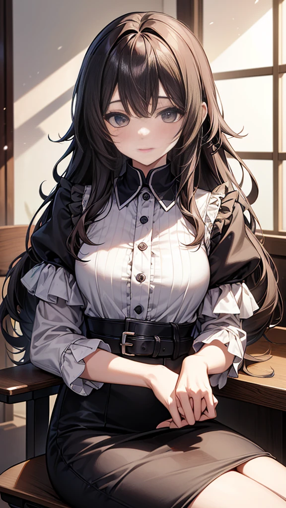 ((Highest quality)), ((masterpiece)), (detailed) Cowboy Shot, 黒髪Long Hair {{{slitの入ったロングスカート}}} Contemporary mature adult woman sitting in chair officeカジュアル{{{スレンダーなofficeレディ}}Exposing shoulders 深いslitの入った膝下スカート Long Hair {{{No sleeve}}}office {{{No sleeveボタンシャツ}}} belt slit watch Exposed arms