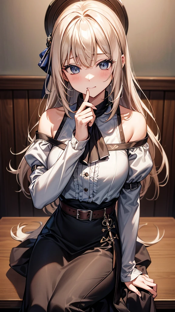 ((Highest quality)), ((masterpiece)), (detailed)　Cowboy Shot,　黒髪Long Hair　｛{{slitの入ったロングスカート}}｝　Contemporary mature adult woman sitting in chair　officeカジュアル｛{{スレンダーなofficeレディ}｝Exposing shoulders　深いslitの入った膝下スカート　Long Hair　｛{{No sleeve}}｝office　｛{{No sleeveボタンシャツ}}｝　belt　slit　watch　Exposed arms　