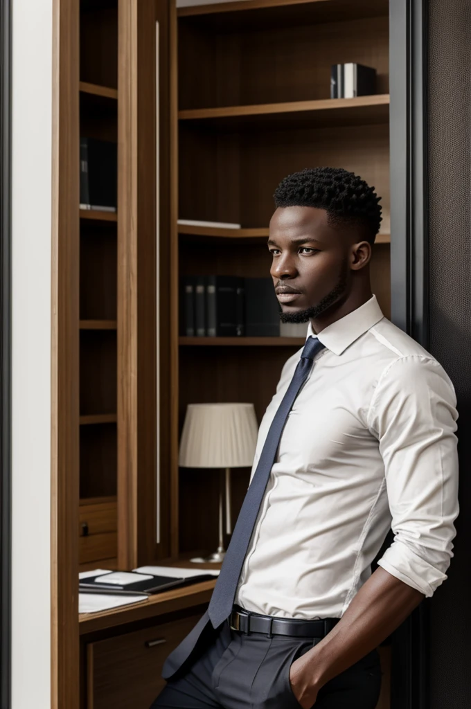 Homme noir en chemise longue manche blanche de dos, mince, dans un immeuble d’affaires, regardant par la vitre les maison africaine, arme à la main droite, arme a la main droite