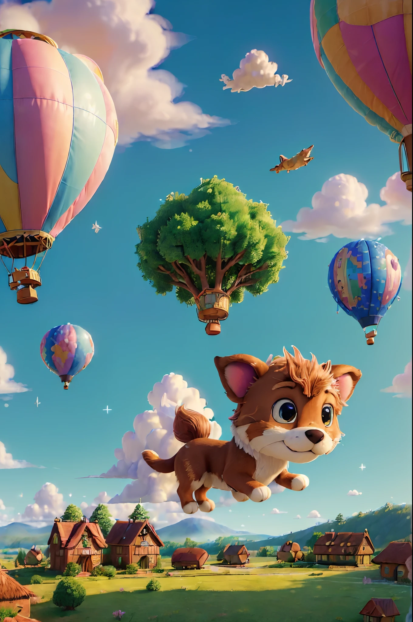 (((best quality))),(((ultra detailed))),(((masterpiece))),illustration,(1 flying puppy,solo),(flying in the sky:1.3),above the clouds,whimsical world,pastel colors,fluffy tail,lush fur,sparkling fur,long floppy ears,intricate wing patterns,shimmering sparkles,patchwork quilt wildflowers,colorful hot-air balloons,candy cane cottages,mushroom trees,charming canine,enchanting adventures