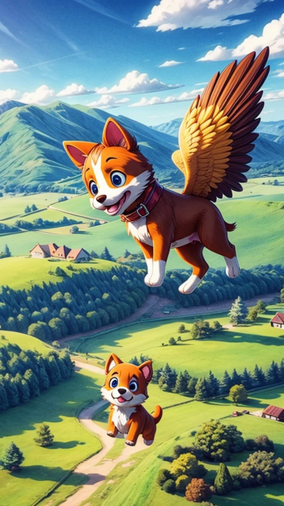 a cute puppy flying in the sky with a cute girl, extremely detailed fur,  puppy, cute dog, beautiful detailed eyes,beautiful detailed nose,beautiful detailed mouth,fluffy,soft,playful,happy expression,dynamic movement,blue sky,clouds,sunlight,warm color tone,cinematic lighting,photorealistic,8k,detailed description,masterpiece,digital art