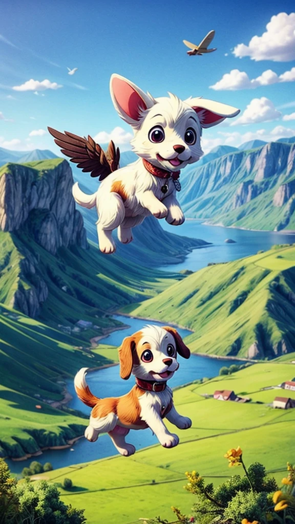 Cute puppy flying over a beautiful countryside landscape