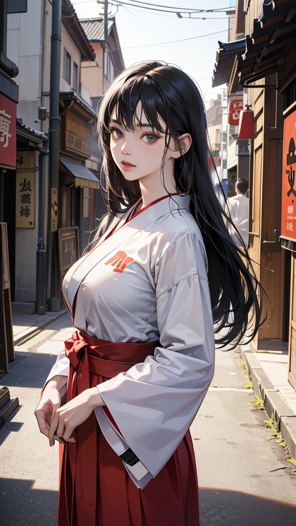 (perfect anatomy:1.2)(absurdres, highres, ultra detailed),masterpiece,best quality,high resolution,8k,Realistic face,Realistic skin texture,magnified textures, stunning clarity,detailed anime girl,(ultra detailed eyes and face),15 years old,black long hair,pale skin,Japanese shrine maiden, mysterious eyes,shrine maiden clothes,(white kimono),(The red long hakama),thin body type,big breasts,,(expressionless:1.2),Steampunk in the Edo Period、(Vivid hieroglyph signs and street advertisements:1.2)、silence、autumn、hieroglyph,souk、Ancient Egyptian statues、Shopping Street,,look at viewer,(from front:1.3),Delicate atmosphere、,cowboy shot,arms down、Looking at the viewer
