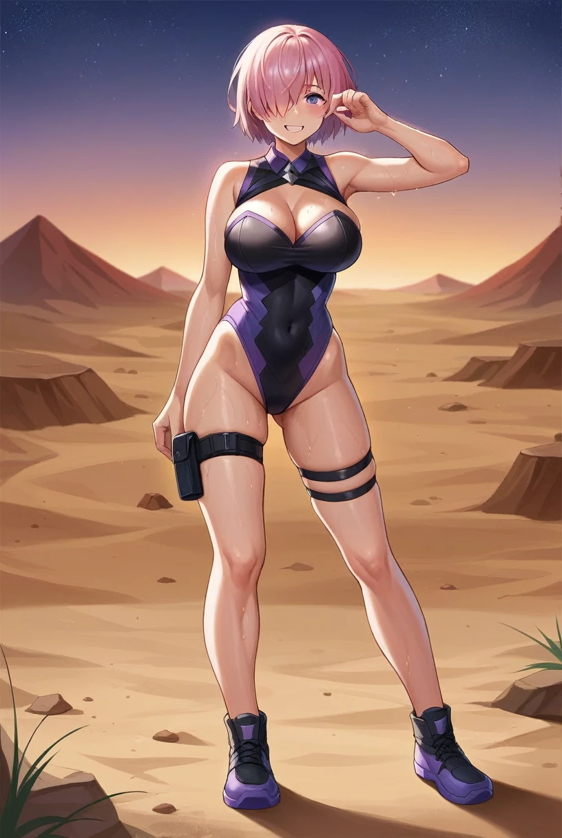 nsfw,score_9, score_8_superior, score_7_superior, sauce_Anime BREAK 1 Girl, alone, View your viewers, Detailed Background,  Mash Kyrielight, Pink Hair, Hair on one eye, Super big breasts, leotard, The chest is exposed,The navel is exposed, Thigh straps, Elbow hand pockets,  Cleavage, smile, (Outdoor, night, Dust, desert),  From behind, Dynamic pose,Wet with sweat all over the body,Full Body Shot